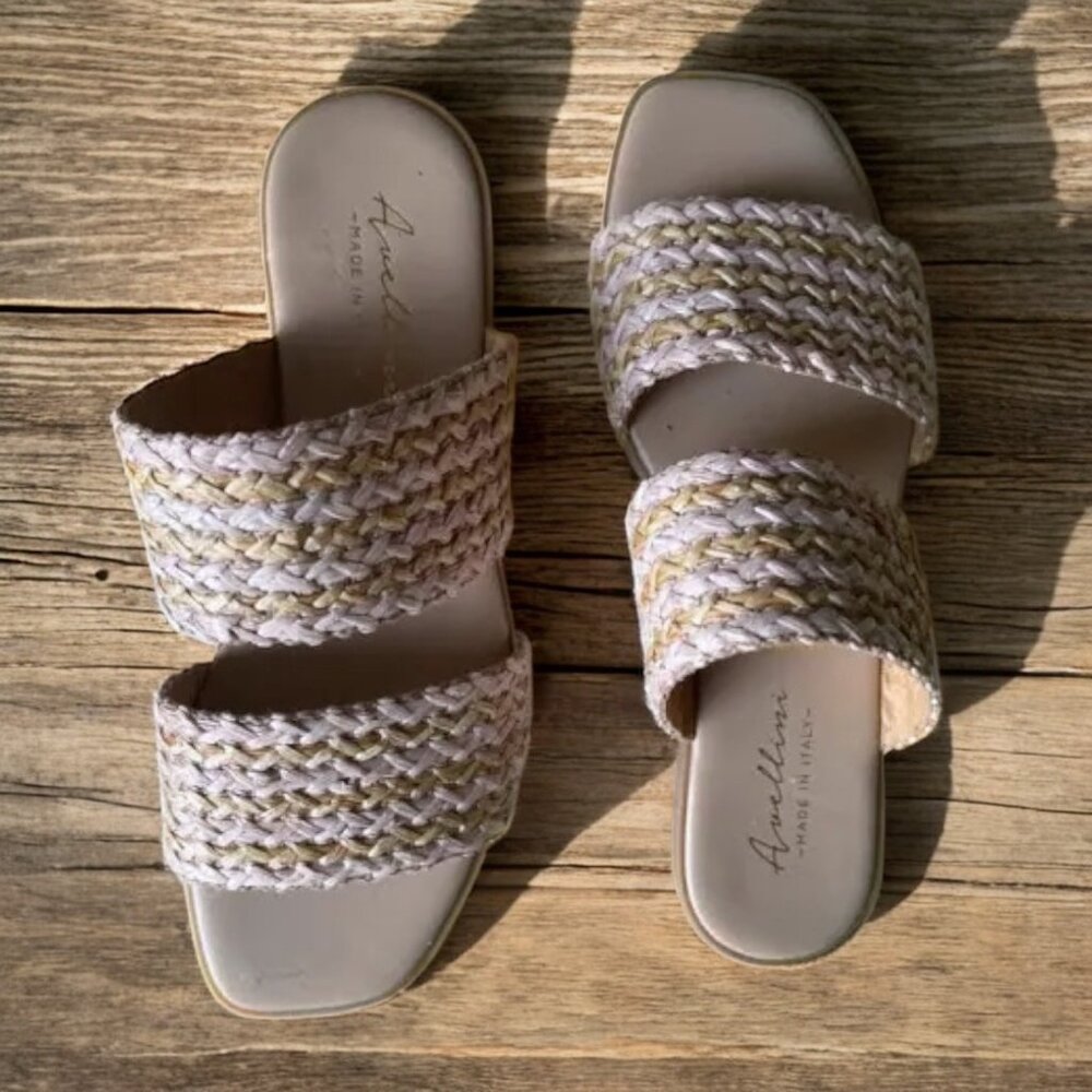 Avellini Raffia Slide Sandals‎ With Leather Lining & Square Toe size 8